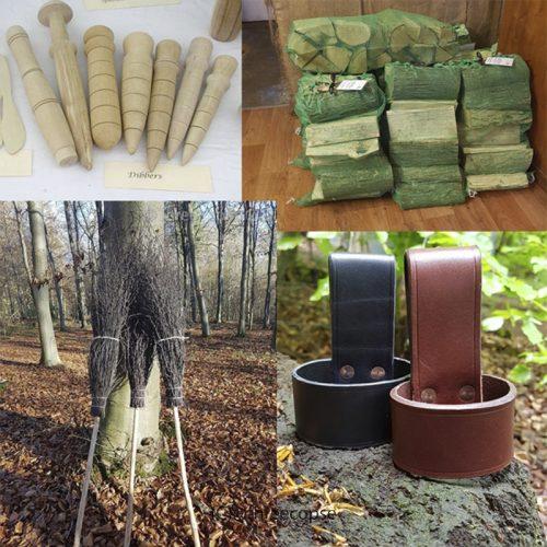 from our shop an image showing a range of our products including: dibbers, log sacks, besom brooms and leather axe loops